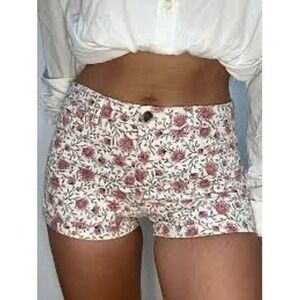 HM Womens Floral Denim Shorts Pink White High Waisted Size 6